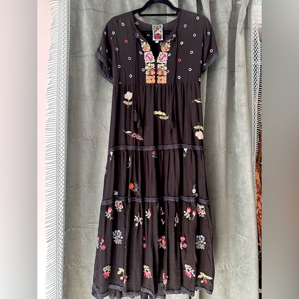 Johnny Was Black Maxi Dress with Colorful Embroidery